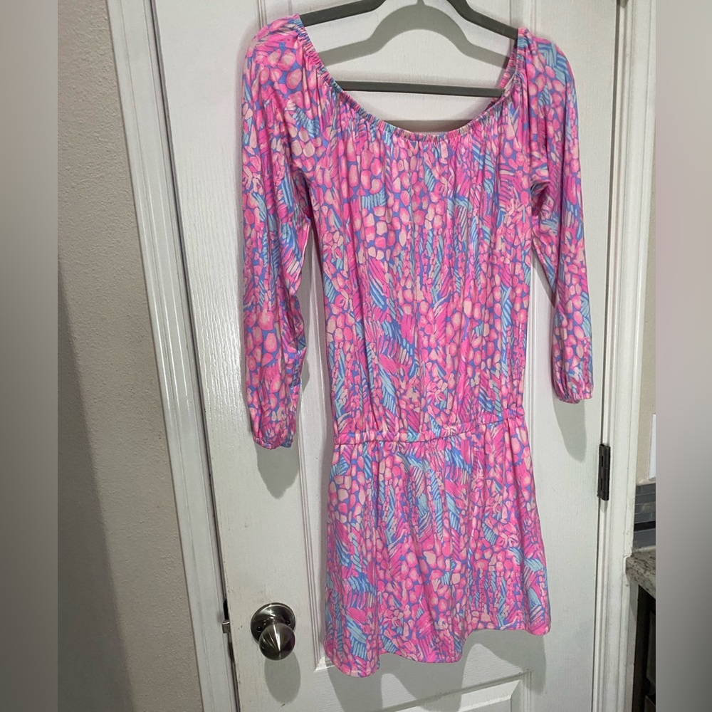 Lilly Pulitzer Vibrant Pink and Blue Long Sleeve off the solder romper skort - Picture 3 of 6